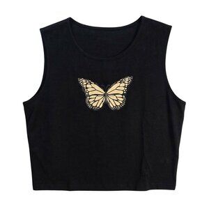 NWOT | Butterfly Graphic Crop Tank Top | Monarch Print | Onyx Black | XL